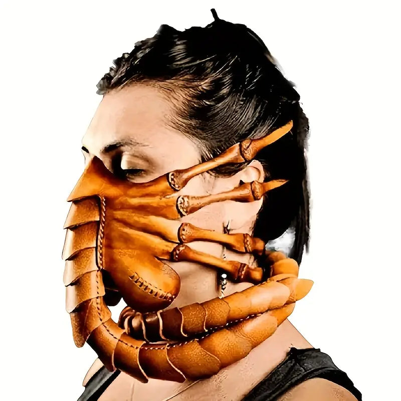 Brown Facehugger Hand Stitch Leather Mask - Costume