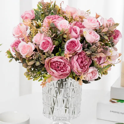 Pink Pearl Rose Peony Bouquet - Elegant Artificial Flower Arrangement