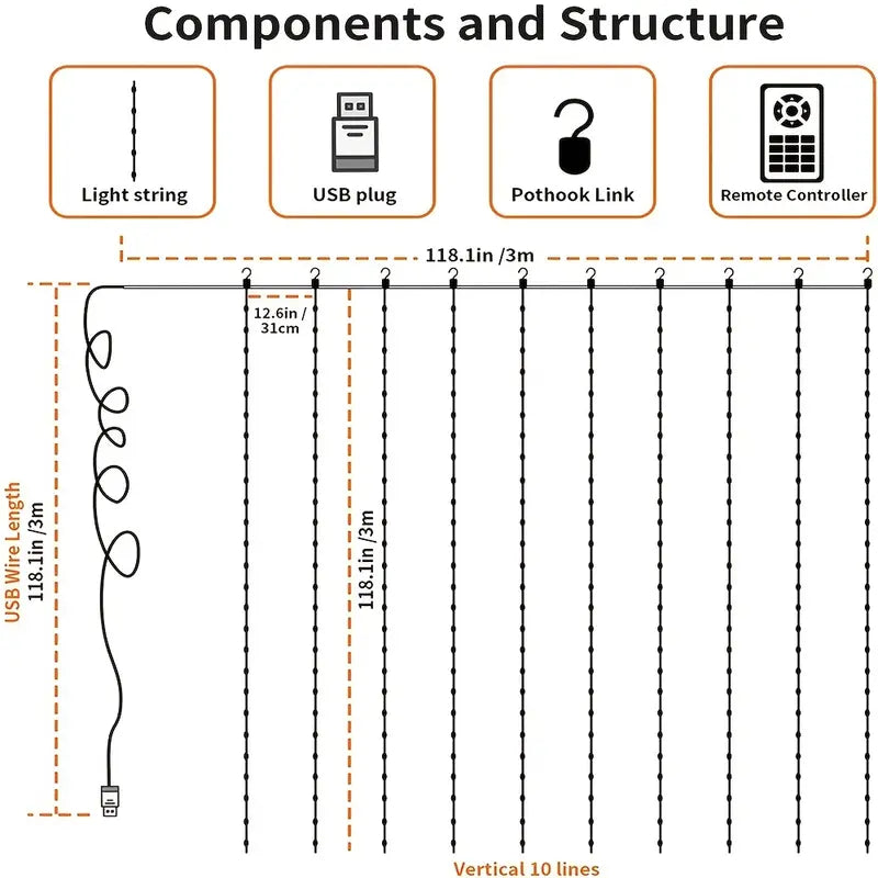 Festive Brilliance: 17-Color Christmas LED String Lights Curtain