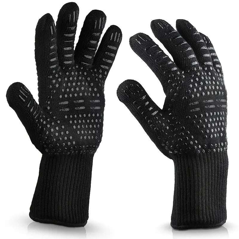 Fireproof Silicone BBQ Gloves - Heat Resistant, Cut-Resistant, Non-Slip (Black)