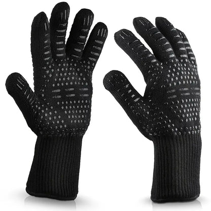 Fireproof Silicone BBQ Gloves - Heat Resistant, Cut-Resistant, Non-Slip (Black)