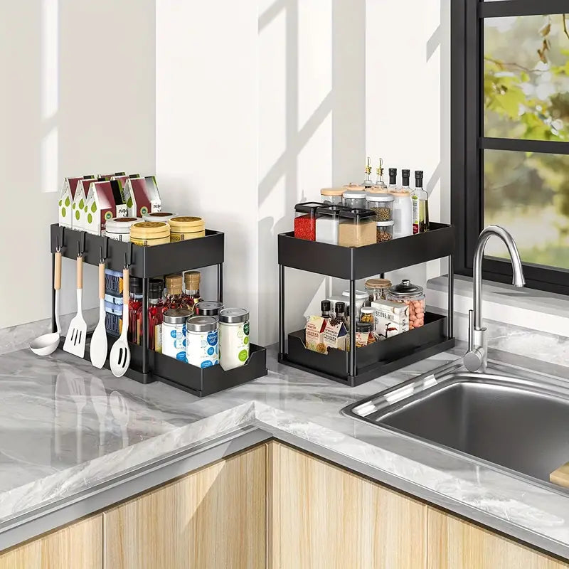 Pull Out Under Sink Storage Rack - Kitchen & Bathroom Organizer