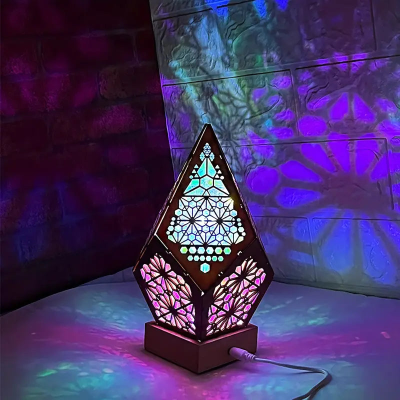 Wooden Bohemian Floor Lamp with USB Charging Port - Retro LED Colorful Diamond Lights