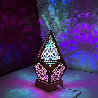 Wooden Bohemian Floor Lamp with USB Charging Port - Retro LED Colorful Diamond Lights