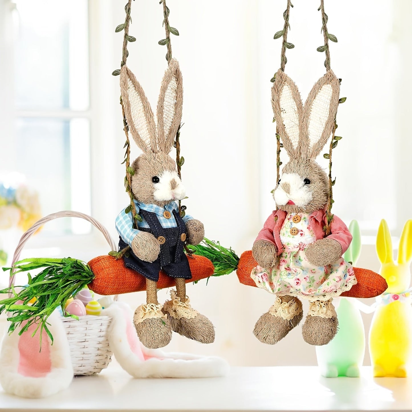 2pcs Easter Hanging Rabbit Statue with Carrot Swing