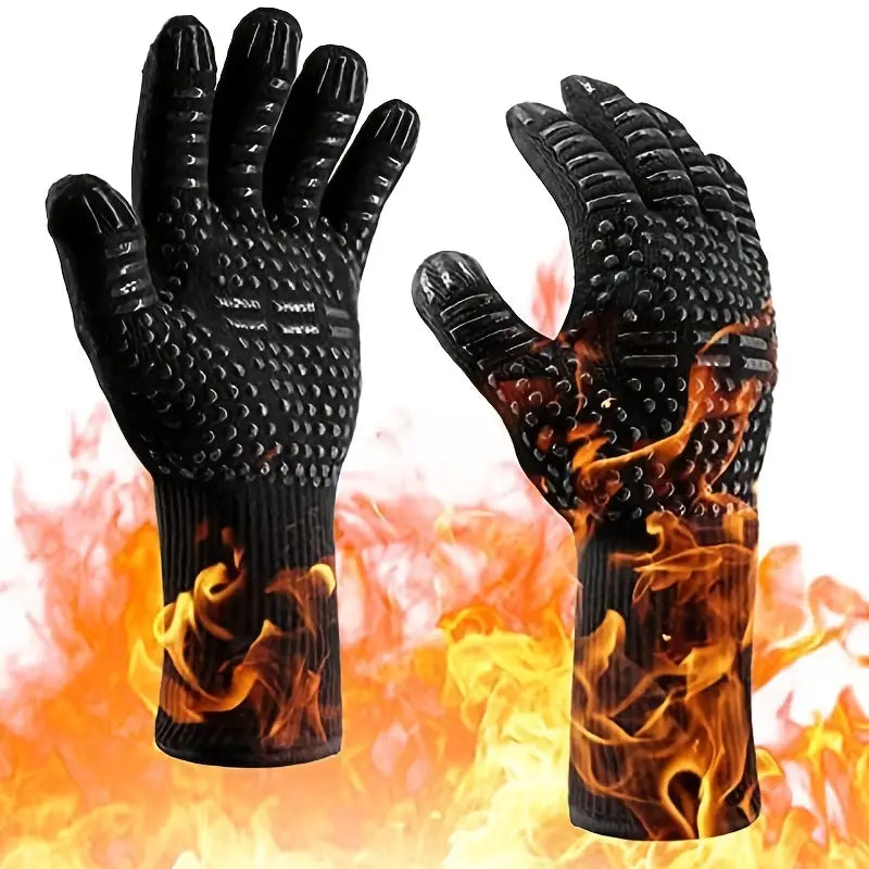 Fireproof Silicone BBQ Gloves - Heat Resistant, Cut-Resistant, Non-Slip (Black)
