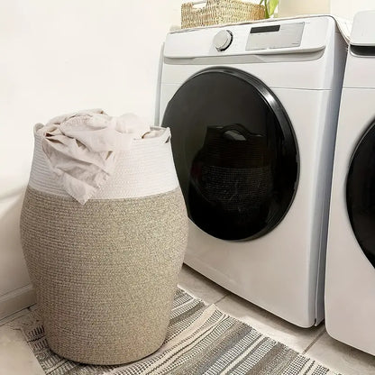 Woven Cotton Laundry Basket with Curve Shape and Handles - Large