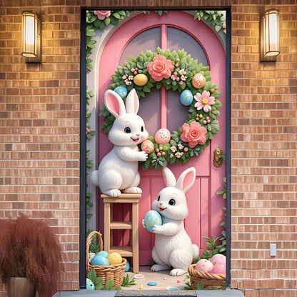 2D Easter Door Banner with Rabbits and Eggs