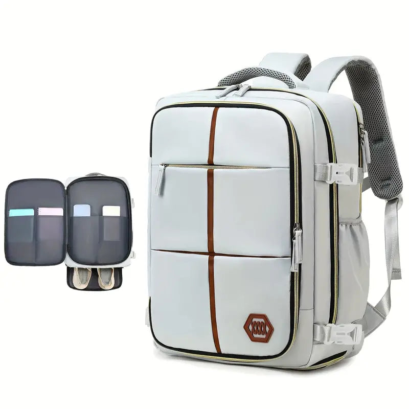 Travel Backpack with Airline-Approved Laptop Compartment and Shoes Compartment - Silver Gray and Chest Bag
