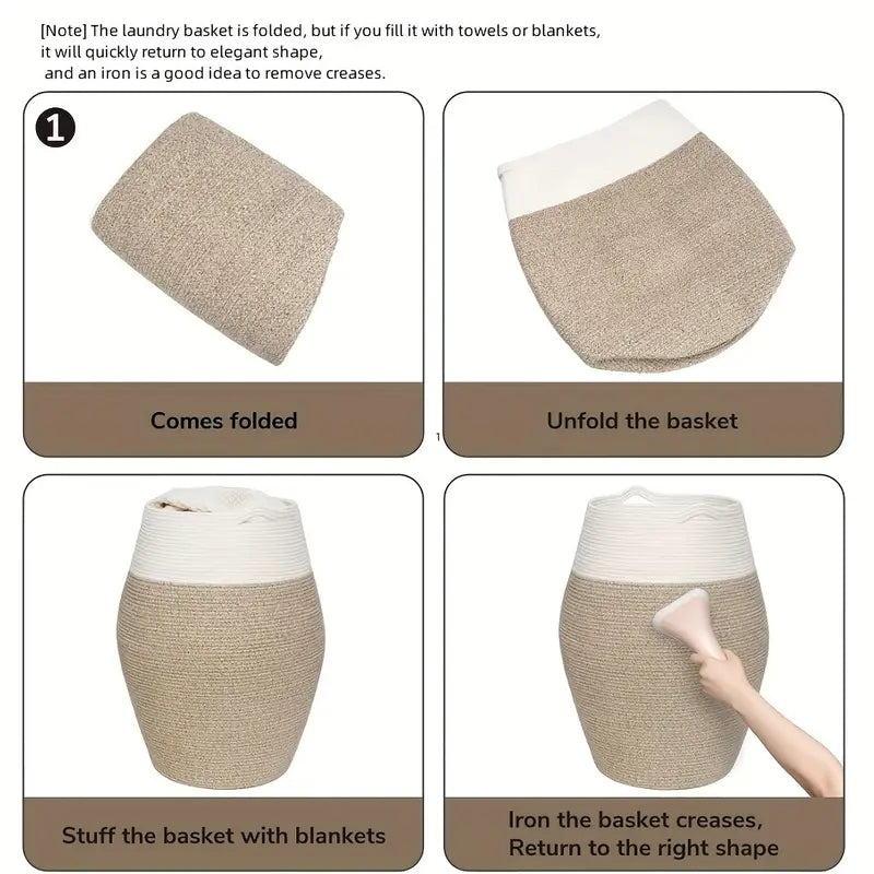 Woven Cotton Laundry Basket with Curve Shape and Handles - Large