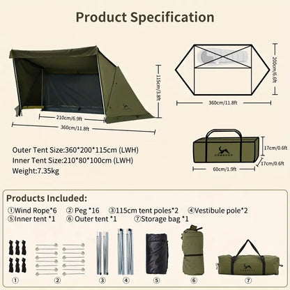All-Season Hexagonal Camping Tent for 1-2 Persons - Army Green