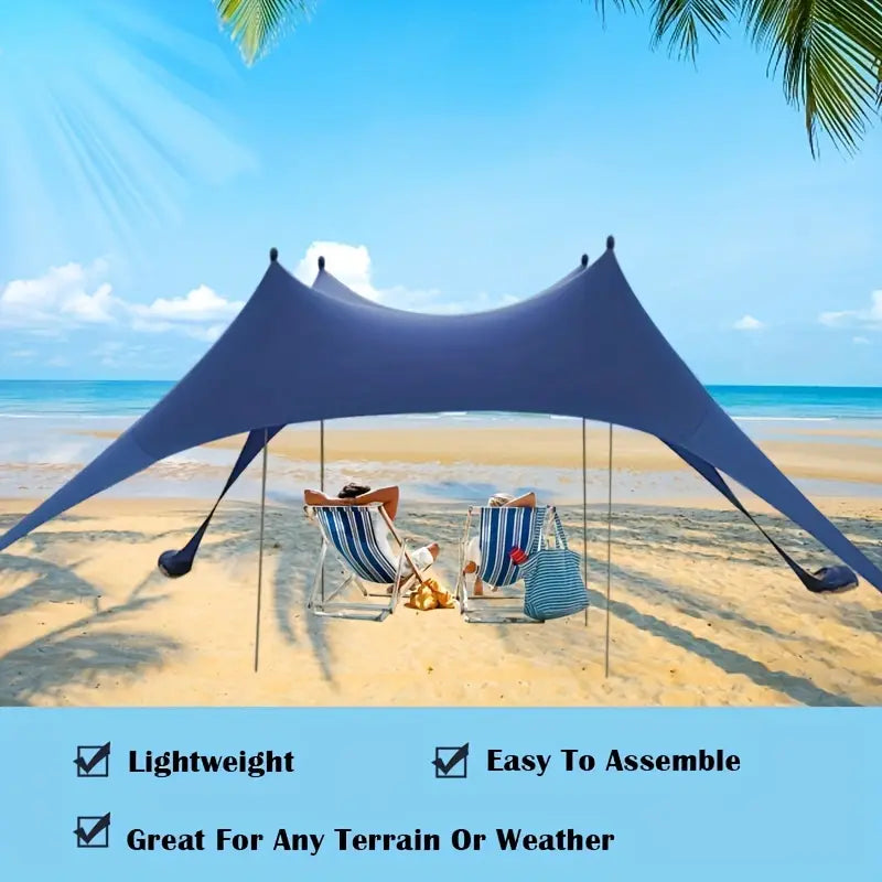 Extra Large Beach Tent Sun Shelter with UPF50+ Protection, Stability Poles, and Ground Pegs - Blue (Includes 4 Poles)