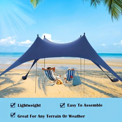 Extra Large Beach Tent Sun Shelter with UPF50+ Protection, Stability Poles, and Ground Pegs - Blue (Includes 4 Poles)