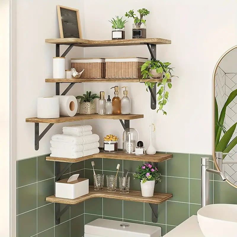 Set of 5 Rustic Wooden Corner Floating Shelves - Wall Mounted Storage Racks