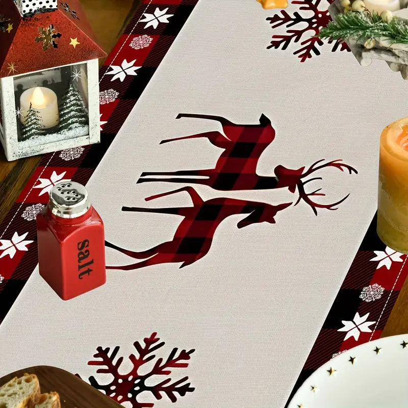 Seasonal Winter Holiday Table Runner - Red and Black Buffalo Check Plaid with Santa Claus & Snowflake Patterns