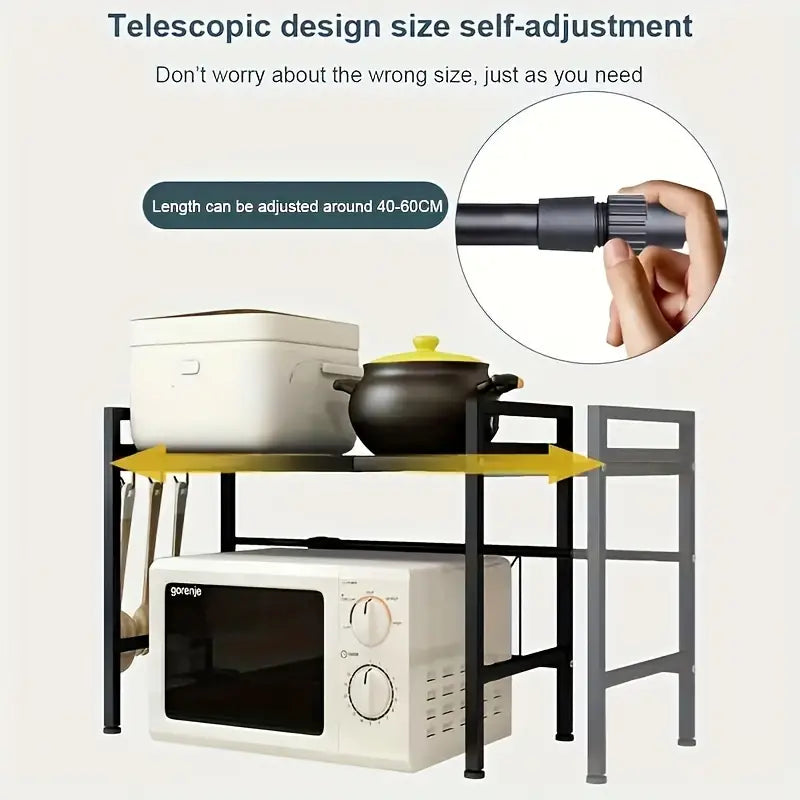 Retractable Microwave Oven Storage Rack - Single Layer, Countertop Bracket Shelf (Black)