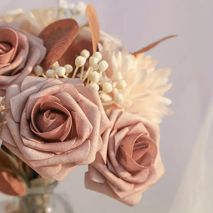 25pcs Real Touch Cinnamon Combination Artificial Rose Flower Arrangement - Warm Taupe & Nude