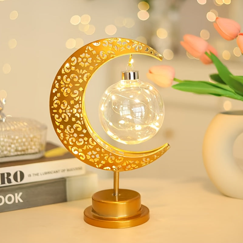 Crescent Moon Star LED Lantern Floral Pattern Battery-Powered