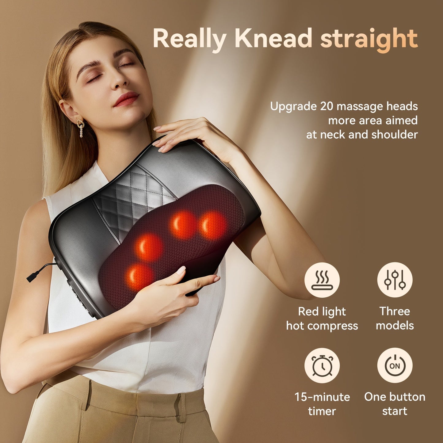 Cordless 3D Kneading Massage Pillow with Heat(Black)