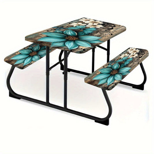 3pcs Striped Polyester Elastic Picnic Table Cover Set