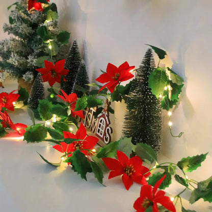 LED Lighted Christmas Red Flower Rattan Decoration - Battery Operated