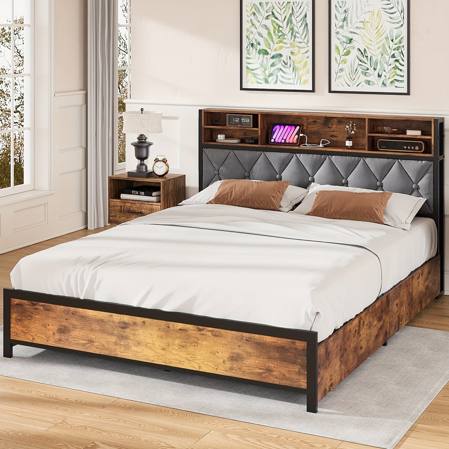 Queen Size Bed Frame with Drawers, Shelf, Headboard & Charging Station(Brown)