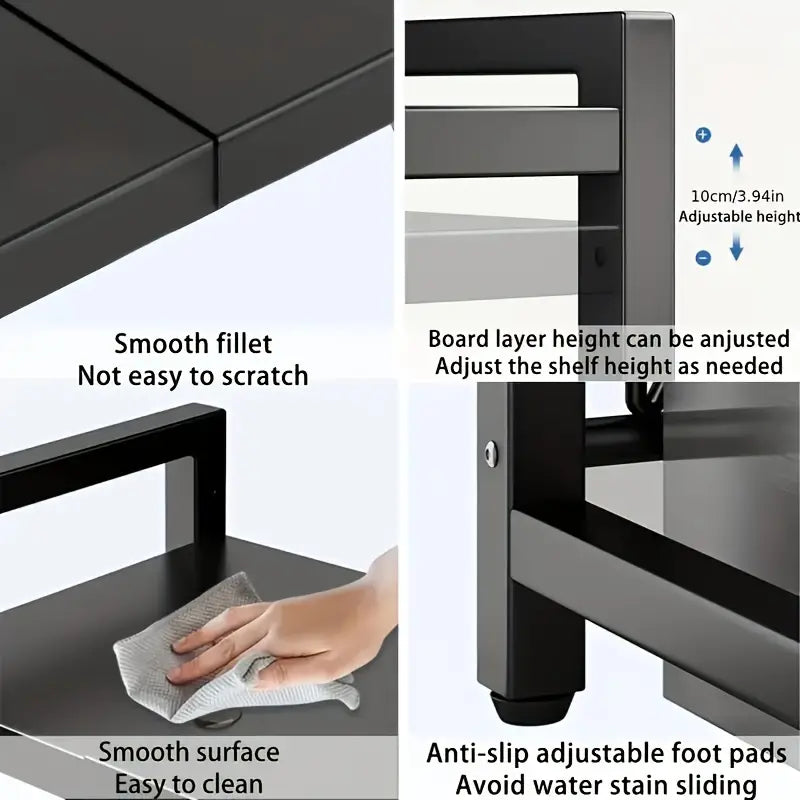 Retractable Microwave Oven Storage Rack - Single Layer, Countertop Bracket Shelf (Black)
