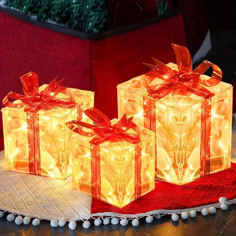 Sparkling Trio: Festive LED Christmas Gift Boxes Set
