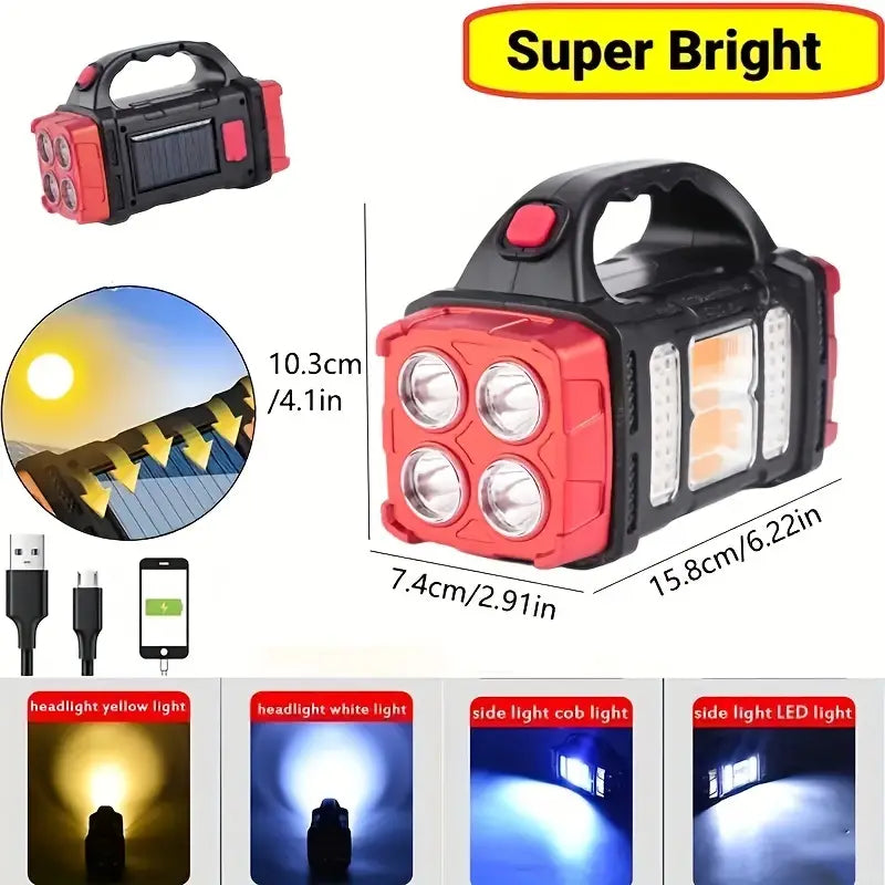 Red Tactical LED Solar Camping Light - Portable Rechargeable Flashlight