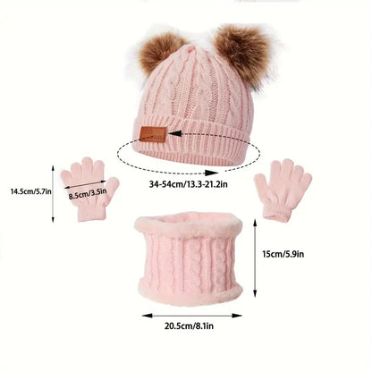 Cozy Kids' Winter Knitted Hat, Scarf, and Glove Set - Pink