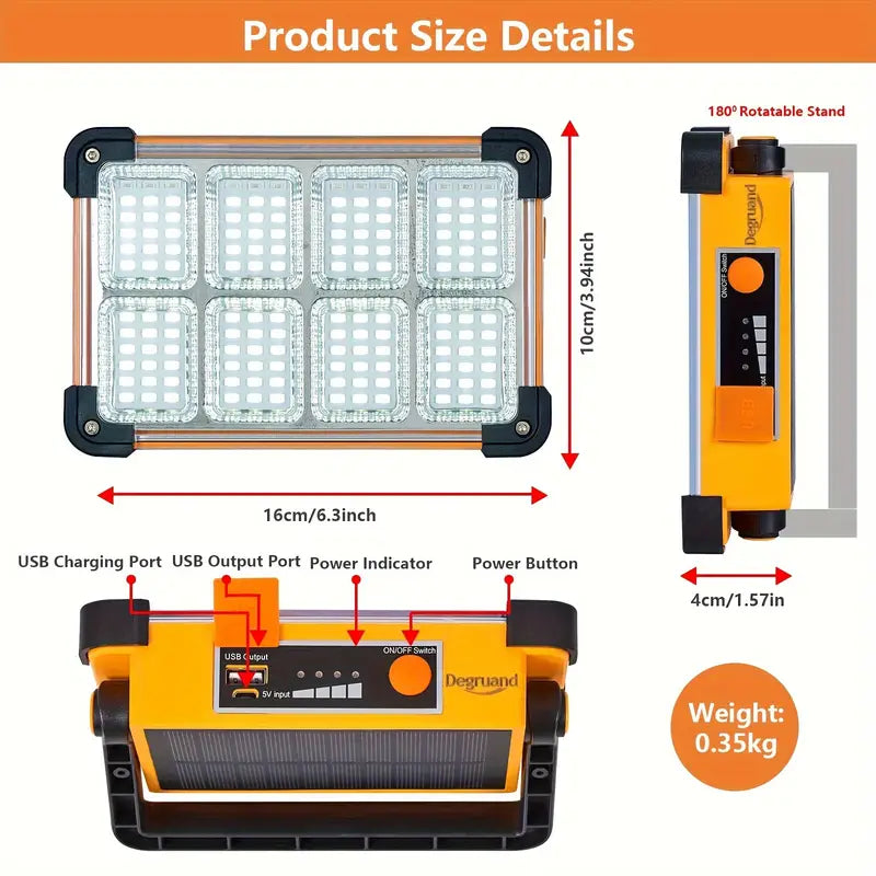 Degruand Rechargeable LED Solar Work Light - Portable Ultra Bright Floodlight