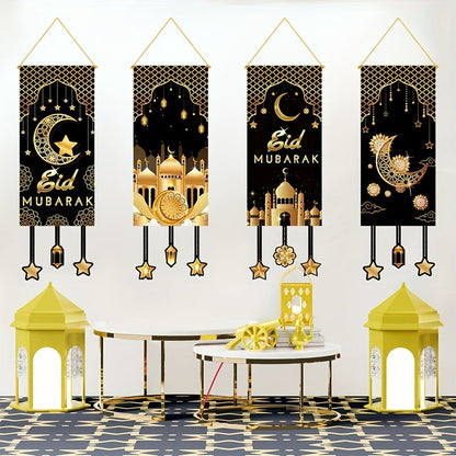 4pcs Black Golden Moon Islamic Hanging Flags