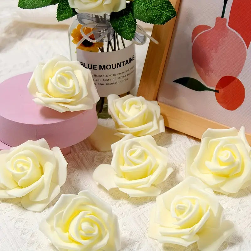 50pcs Ivory Artificial Foam Rose Flower Heads - 7.5cm | Elegant Bulk Decor