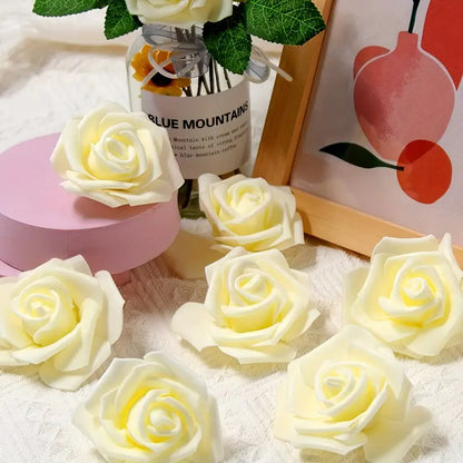 50pcs Ivory Artificial Foam Rose Flower Heads - 7.5cm | Elegant Bulk Decor