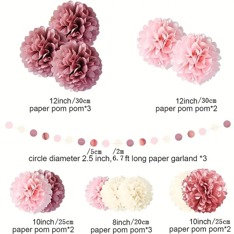 Dusty Rose Blush Pink Tissue Pom Poms Flowers Set - 15pcs Lotus Root Paper Flowers
