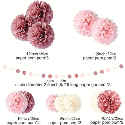 Dusty Rose Blush Pink Tissue Pom Poms Flowers Set - 15pcs Lotus Root Paper Flowers