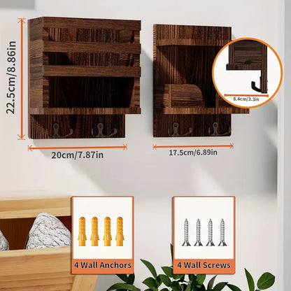 Traditional Wooden Wall-Mounted Storage Shelf with Hooks