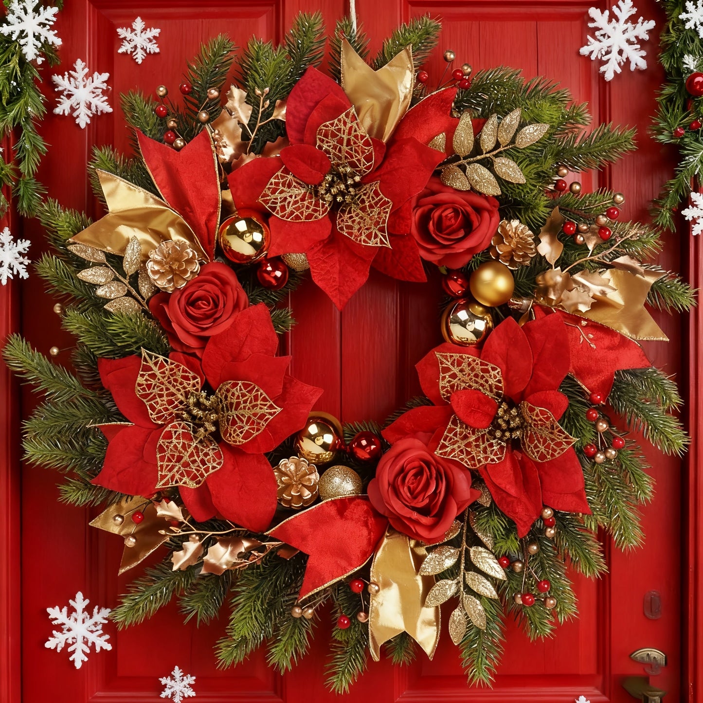 Front Door Christmas Wreath with Red Flowers