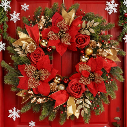 Front Door Christmas Wreath with Red Flowers