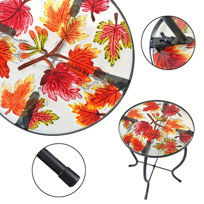 Outdoor Mosaic Side Table with Printed Maple Leaf Glass Top