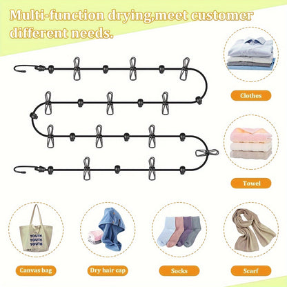 Camping Clothes Drying Rope with 12 Clips