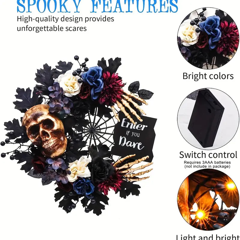 Eerie Illuminations: Skull Wreath with Spider Web and LEDs
