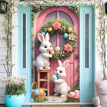2D Easter Door Banner with Rabbits and Eggs