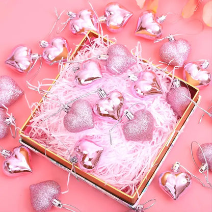 12pc Romantic Valentine's Day Plastic Heart Hanging Ornaments - Frosted Pink