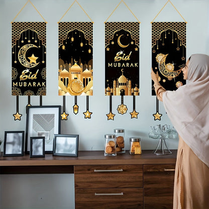 4pcs Black Golden Moon Islamic Hanging Flags