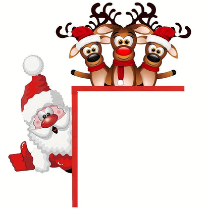 Christmas Door Corner Sign: Santa & Reindeer Wooden Frame Decoration