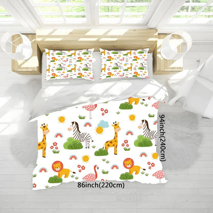 Cartoon Animal Microfiber Duvet Cover Set - Lion, Flamingo, Deer, Zebra Print (3pcs)