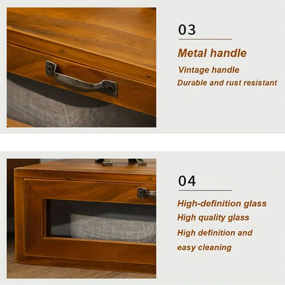 Vintage Wooden Desk Organizer with Glass Drawer - Double Drawer Size