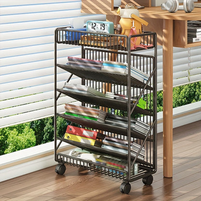 Office Bookshelf with Wheels and Storage Basket