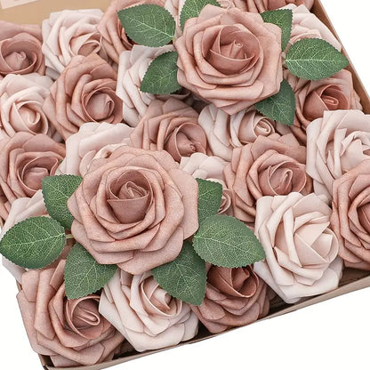 25pcs Real Touch Cinnamon Combination Artificial Rose Flower Arrangement - Warm Taupe & Nude